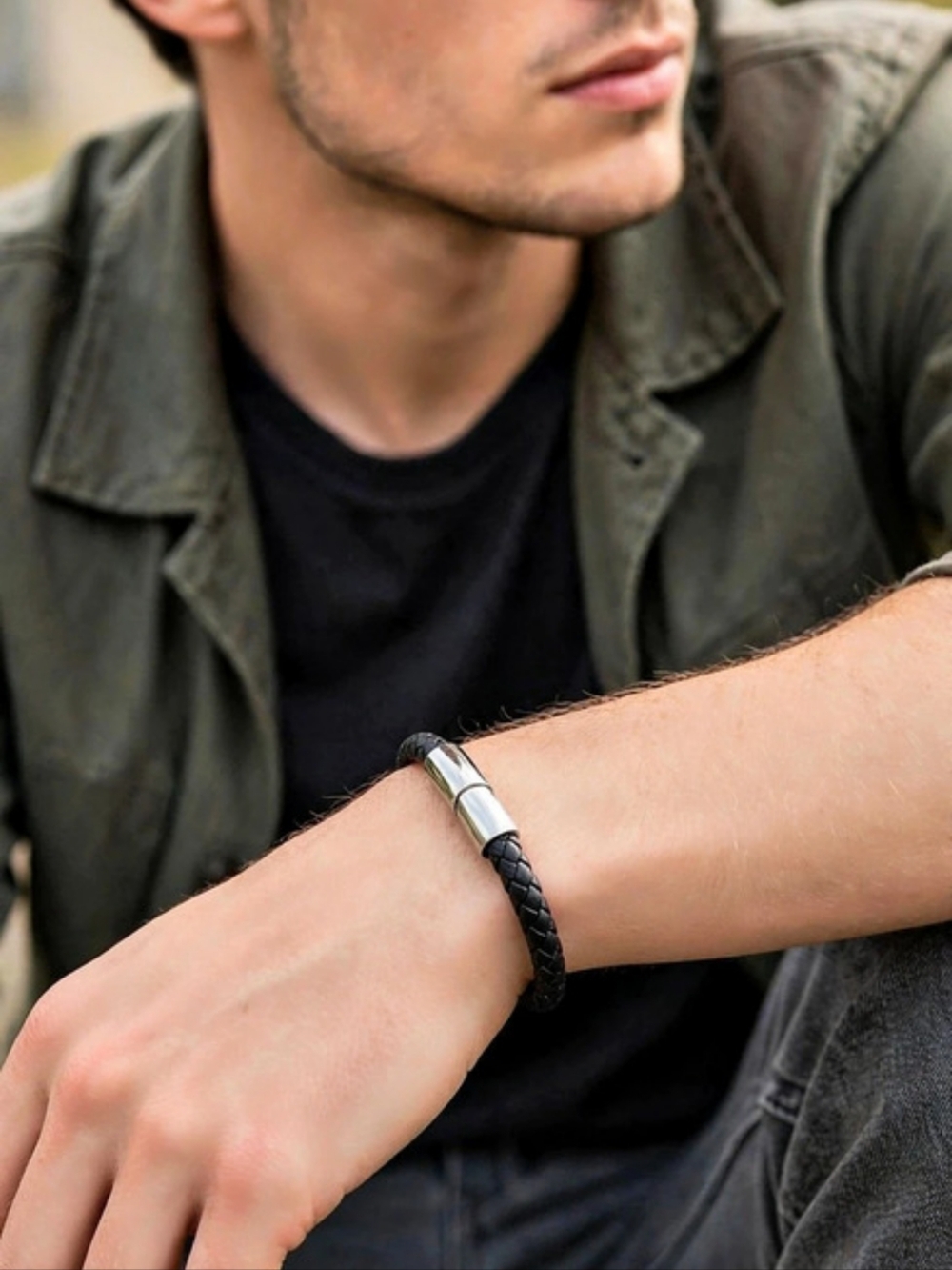 Braided Black & Silver Bracelet Waterproof
